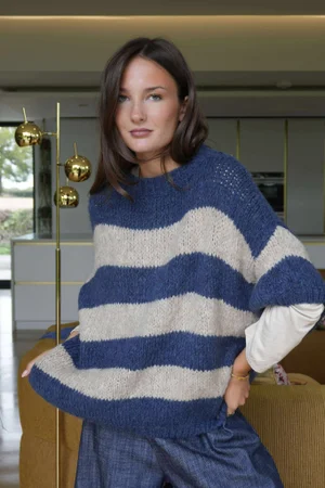  Big Softie Block Stripe Cap Sleeve Knit Top Denim /15=